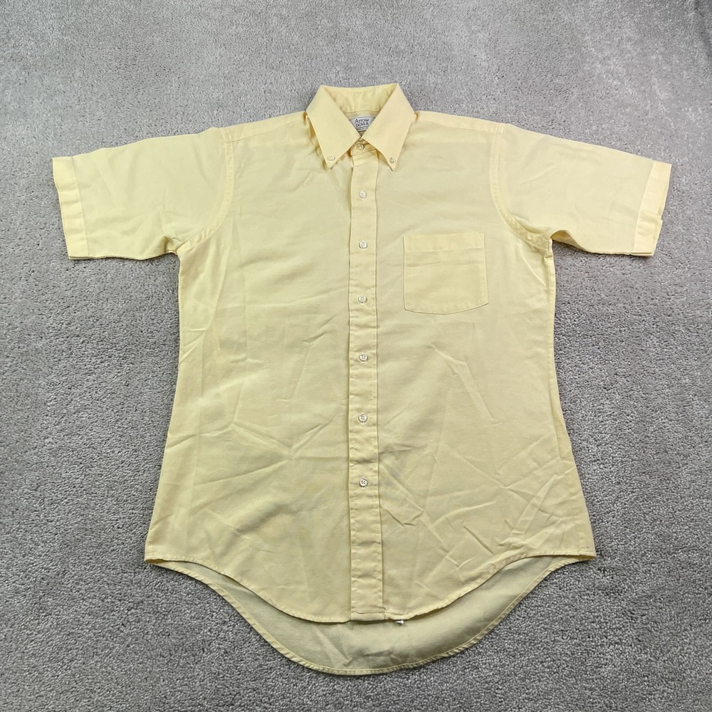 Vintage Arrow Dover Shirt Mens 15.5‎ Yellow Oxford Button Down Short Sleeve 80s
